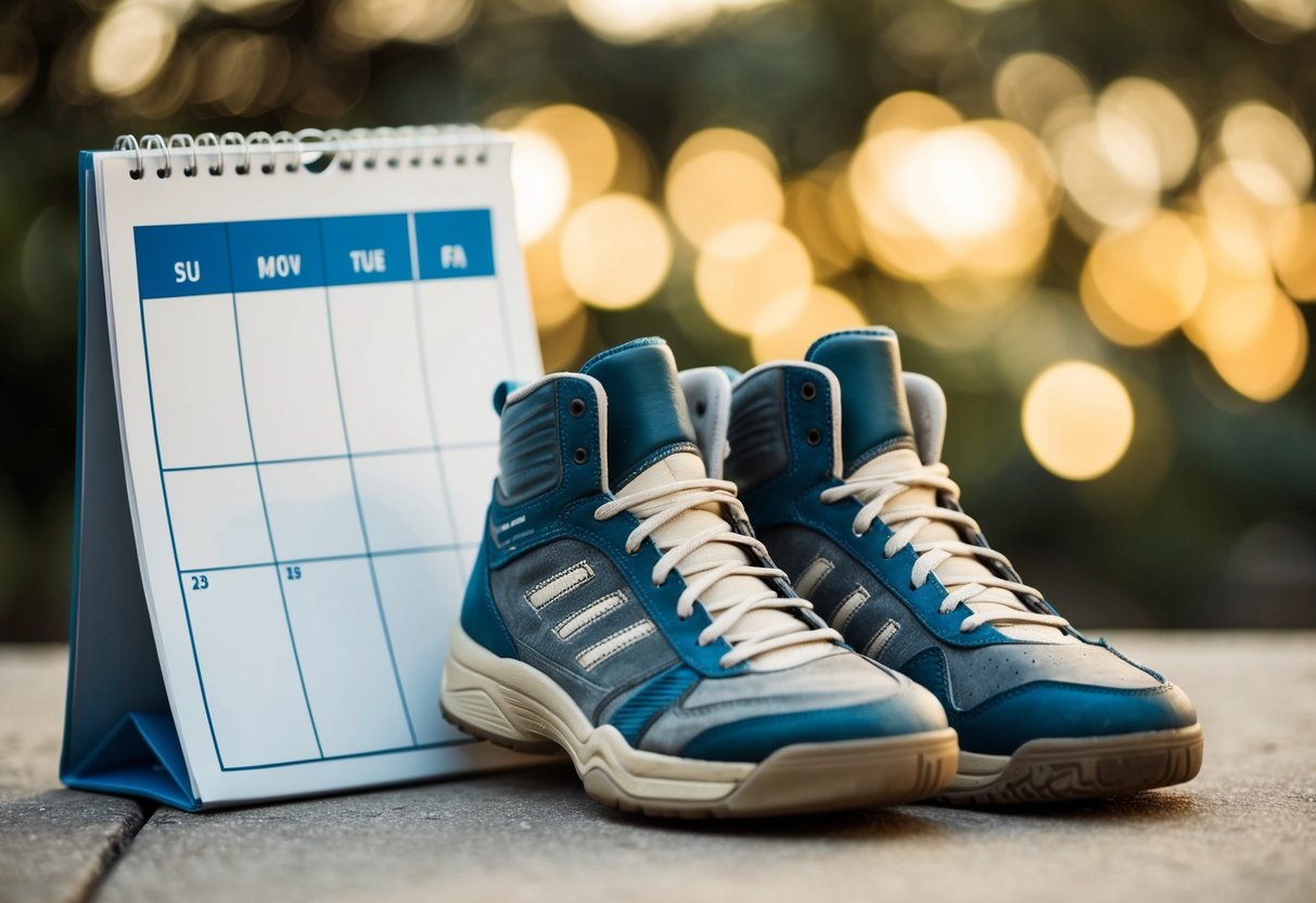 A pair of worn-out volleyball shoes next to a calendar with dates circled, indicating a regular replacement schedule