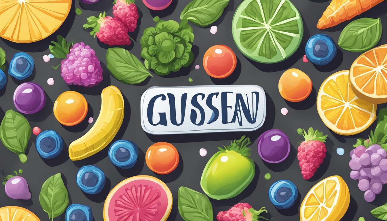 A variety of colorful Gushers candies surrounded by fresh fruits and vegetables, with a "Vegan" label prominently displayed