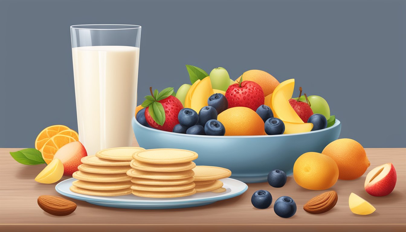 A plate of Nilla wafers surrounded by a variety of fresh fruits and a glass of almond milk