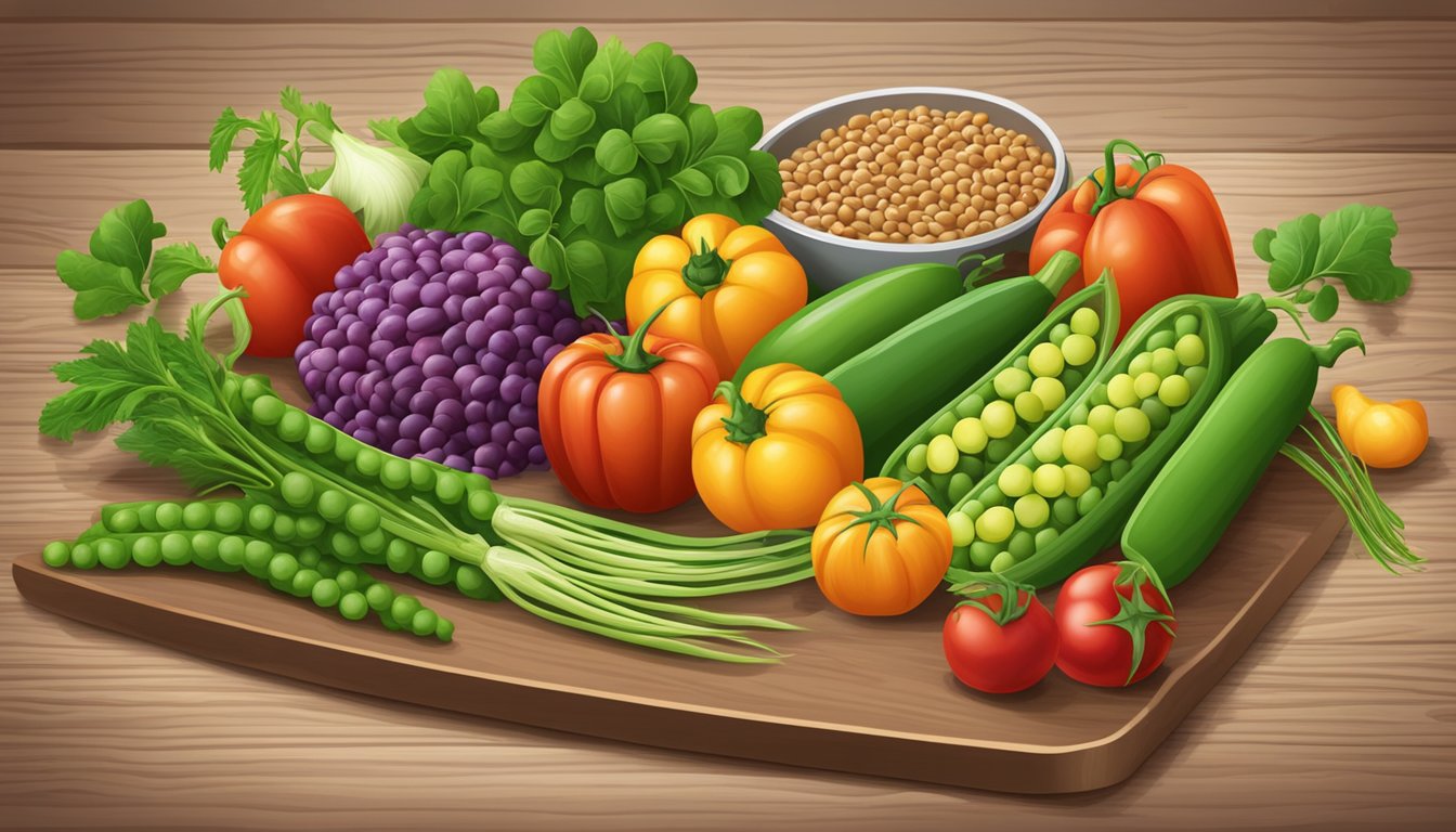 A colorful array of fresh vegetables and legumes, including peas and lentils, are arranged on a wooden cutting board