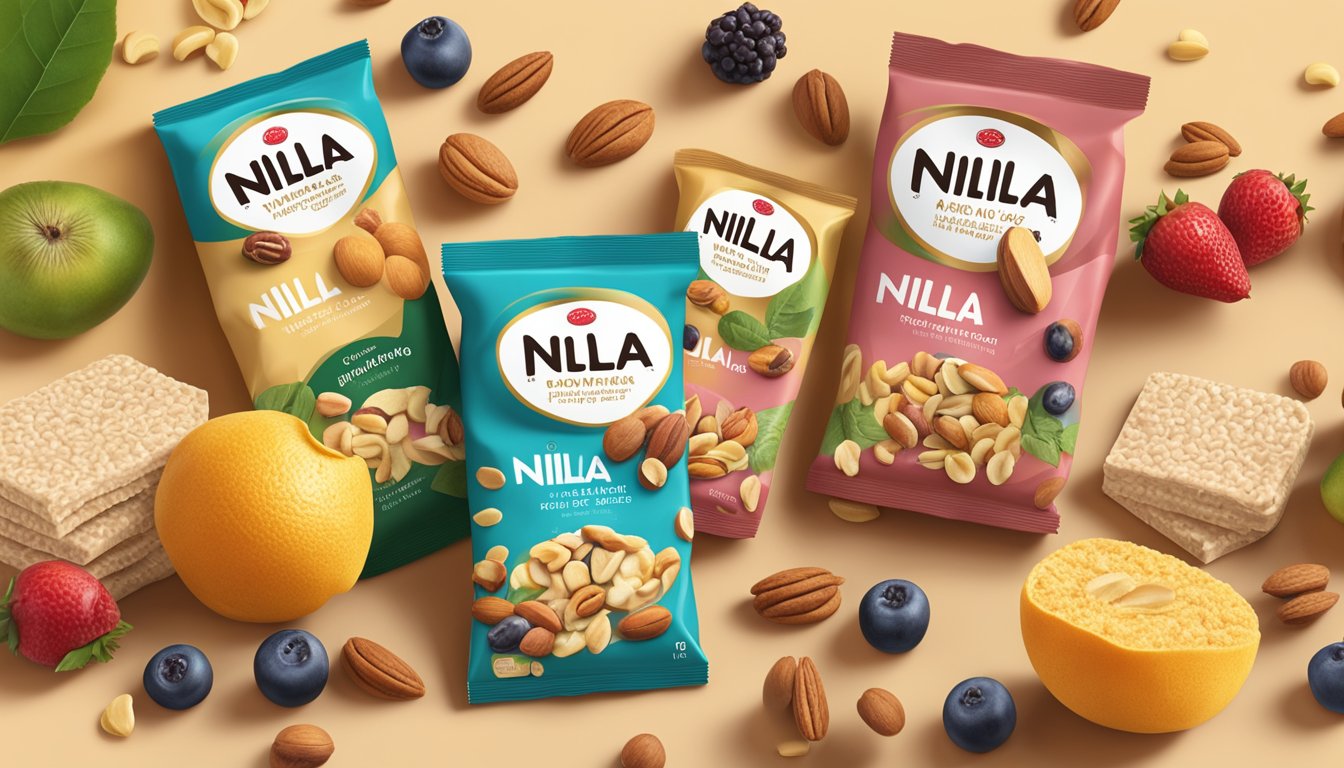 A spread of nilla wafers surrounded by a variety of fruits and nuts, with a prominent "vegan" label on the packaging