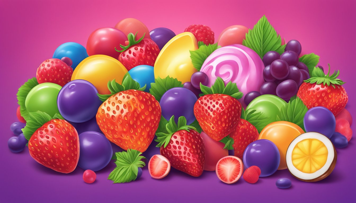 A colorful array of Gushers varieties and flavors, including strawberry, tropical, and grape, displayed on a vibrant background