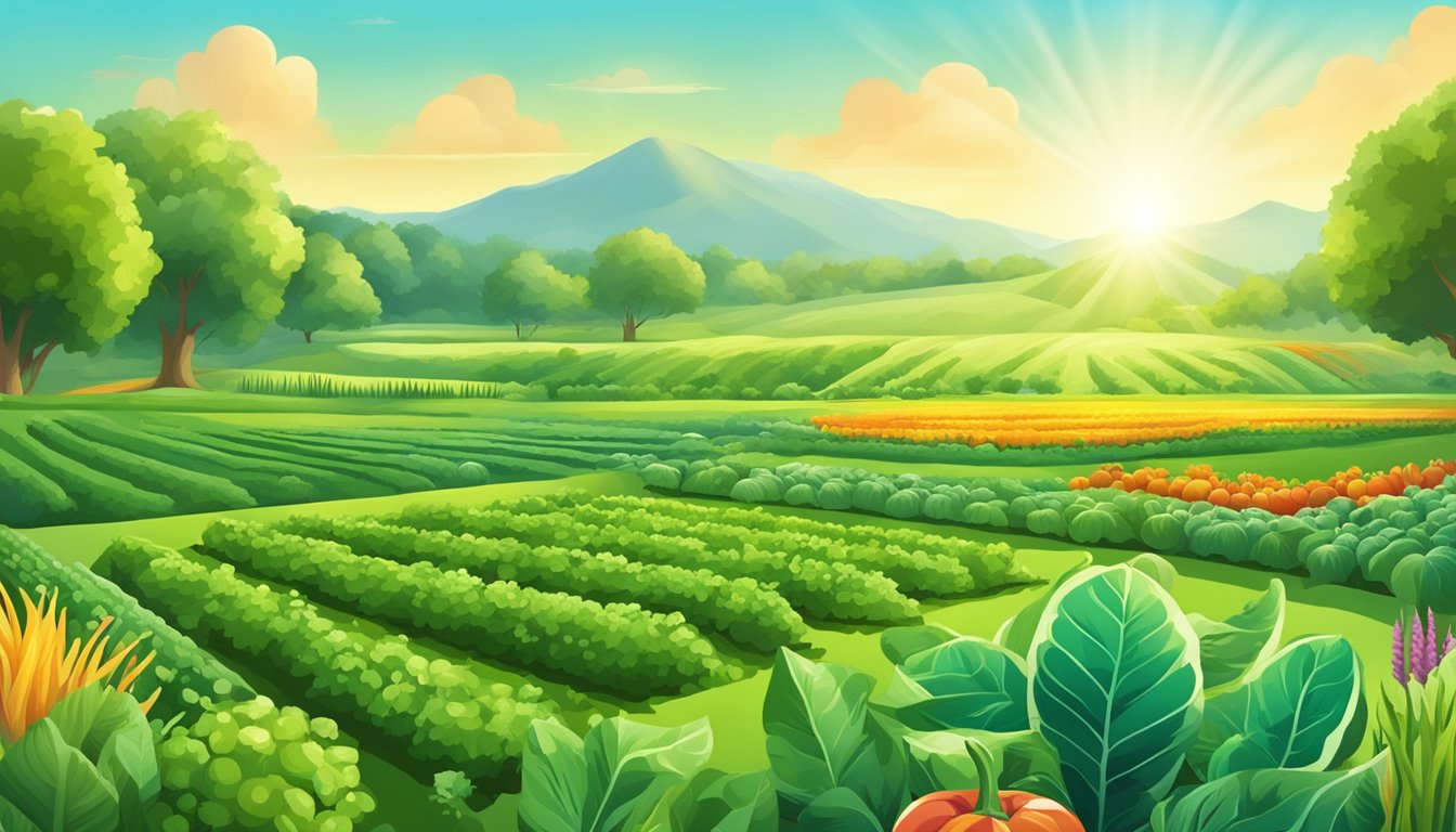 A lush green field with rows of vibrant, organic vegetables growing under the bright sun, surrounded by a diverse ecosystem of plants and animals