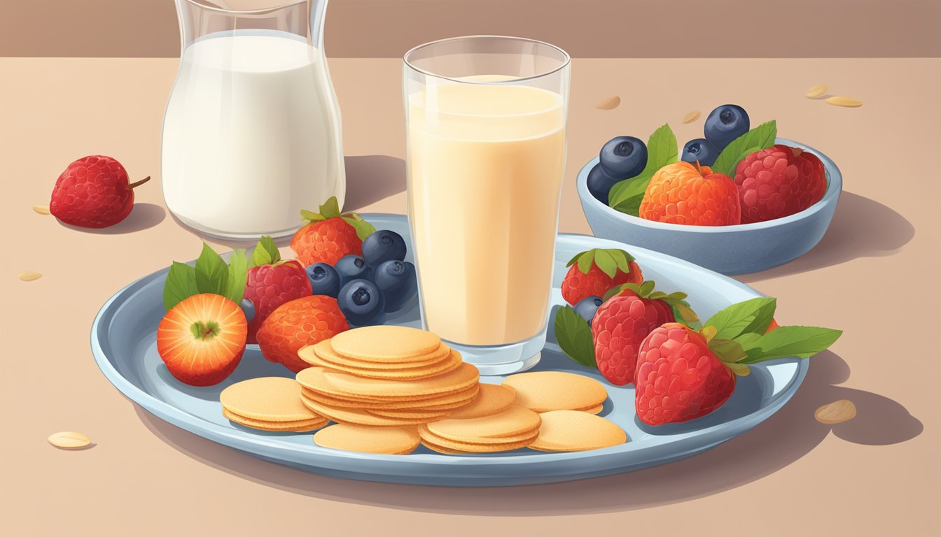 A plate of nilla wafers surrounded by fresh fruits and a glass of almond milk