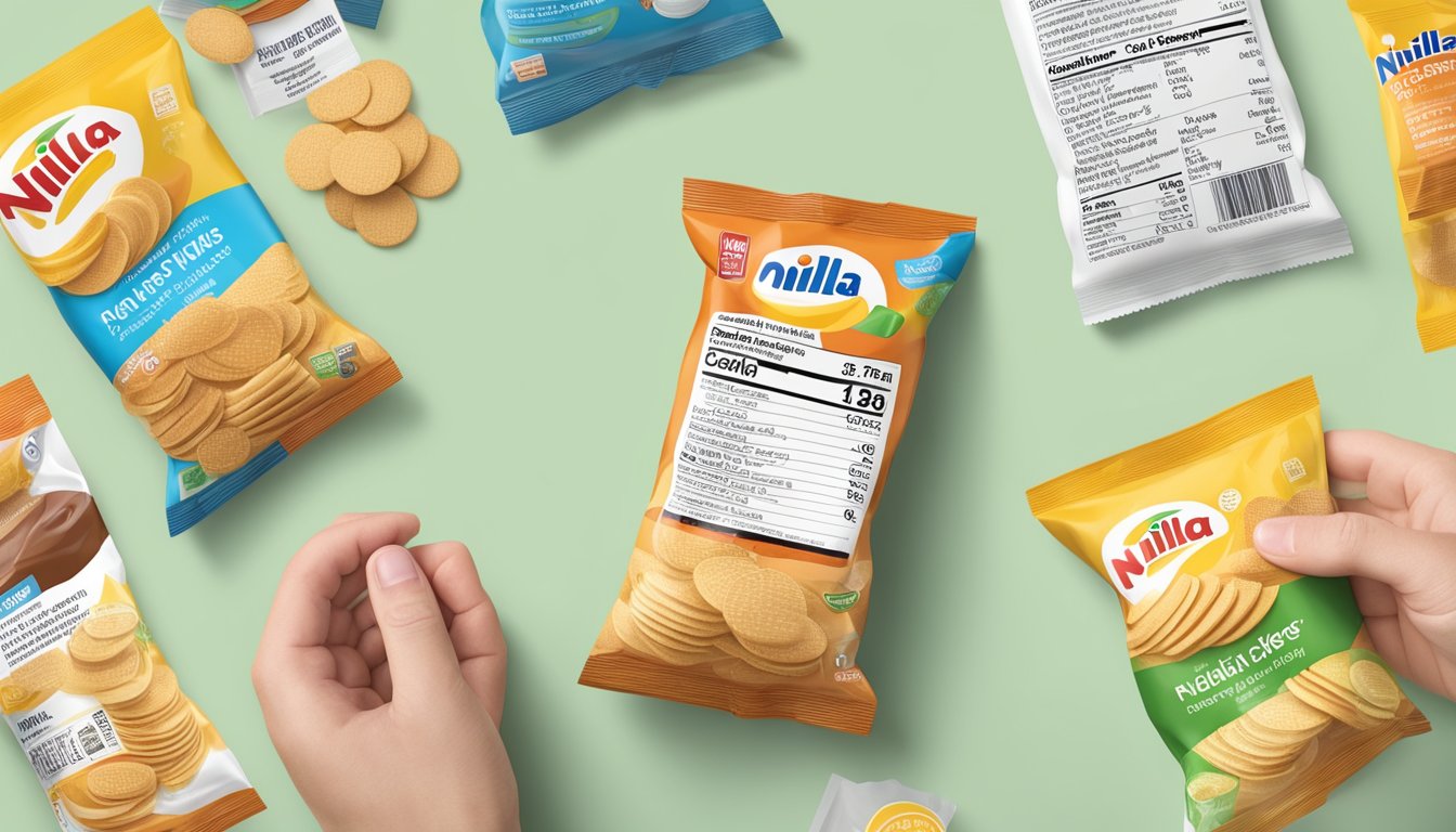 A person holding a package of Nilla Wafers, surrounded by various food labels with ingredients and nutritional information