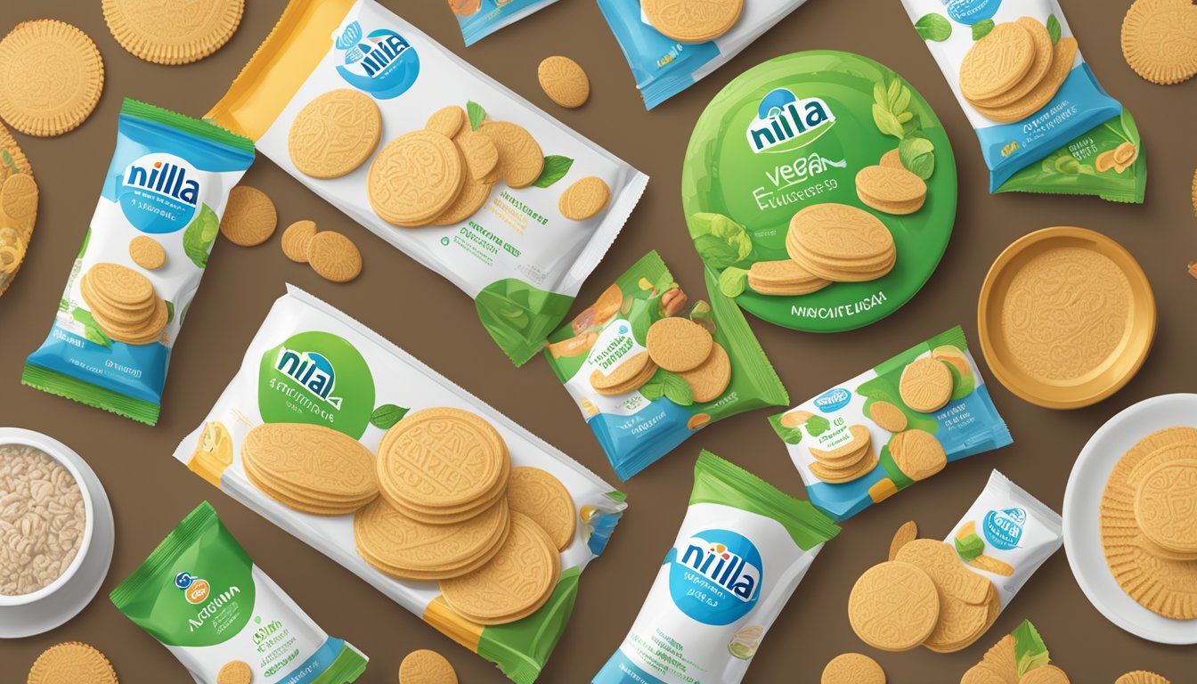 A plate of Nilla wafers surrounded by various product packaging with "vegan" labels