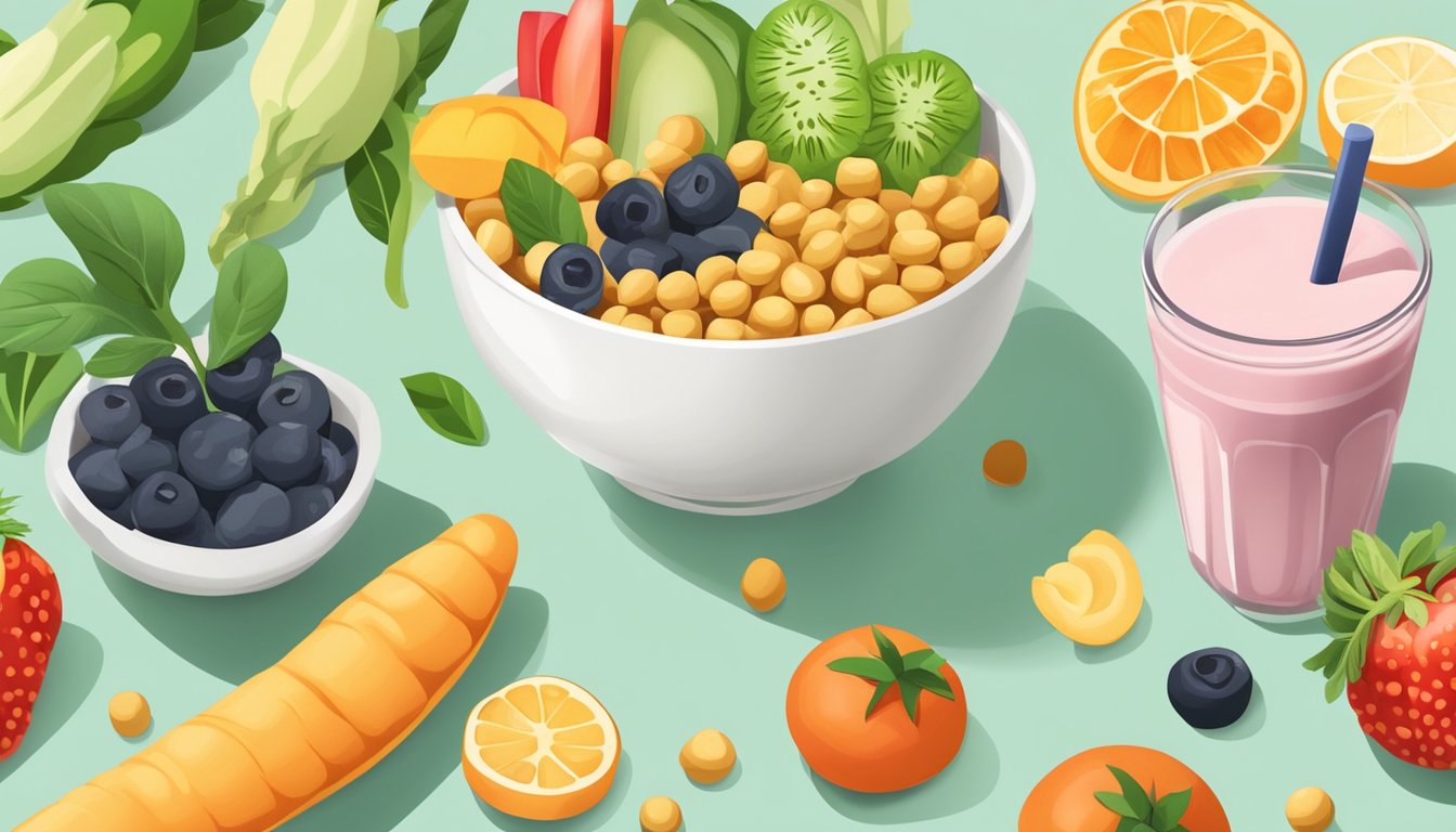 A bowl of Biena chickpea snacks surrounded by fresh vegetables and fruits, with a plant-based milkshake on the side