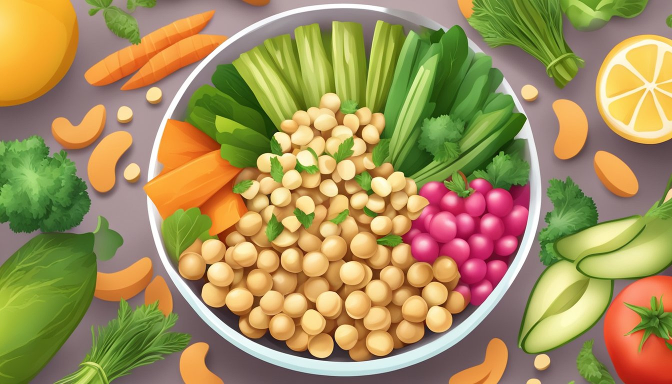 A colorful bowl of chickpea snacks surrounded by fresh vegetables and fruits