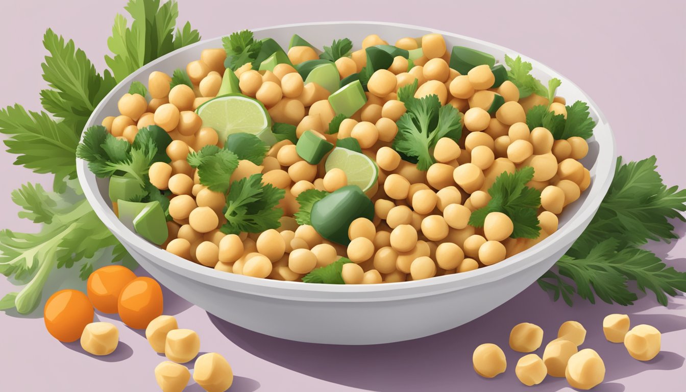 A bowl of Biena chickpea snacks surrounded by fresh vegetables and a plant-based dip