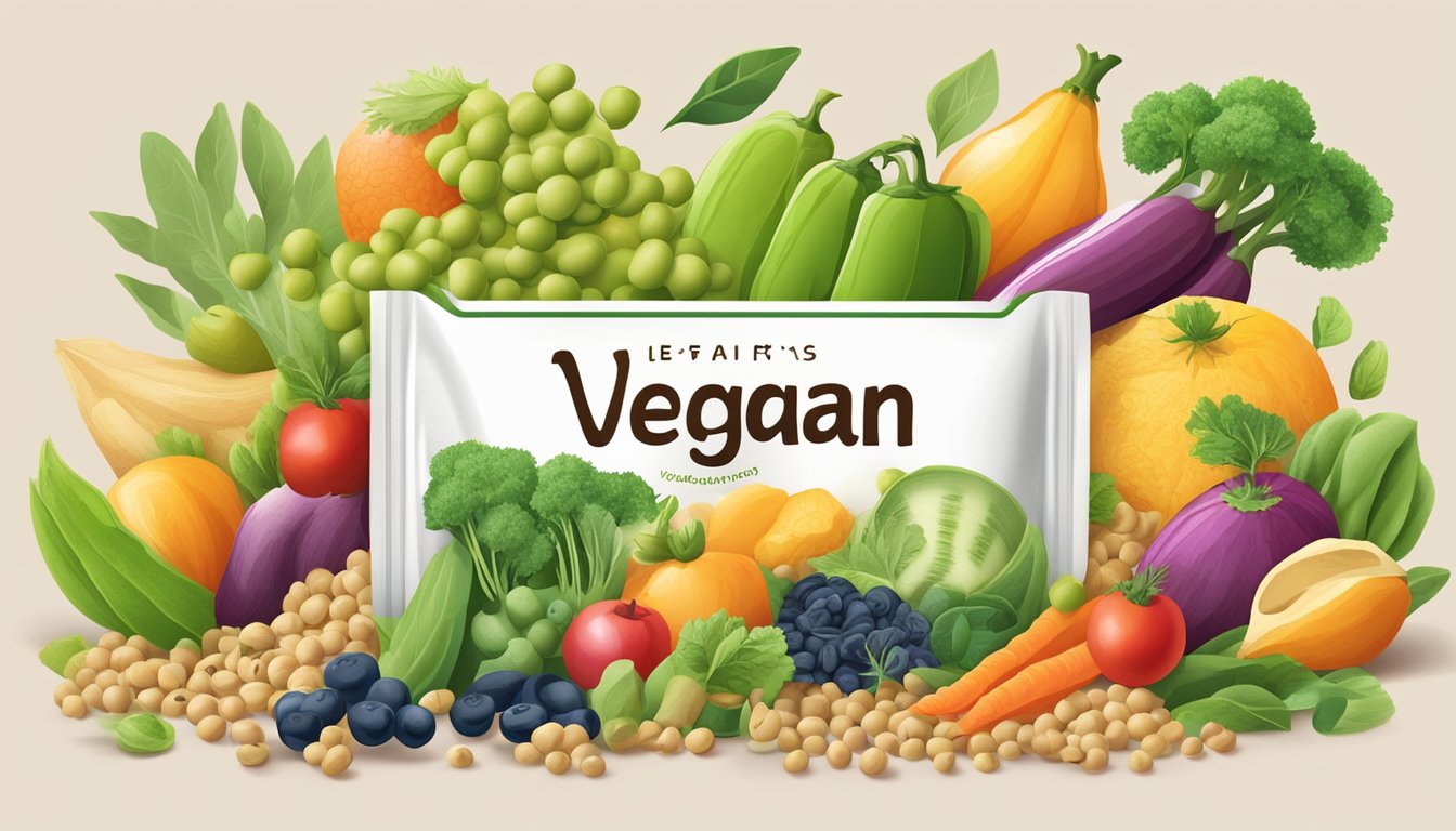 A colorful array of chickpeas, peas, and lentils surrounded by a variety of fruits and vegetables, with a clear "vegan" label prominently displayed