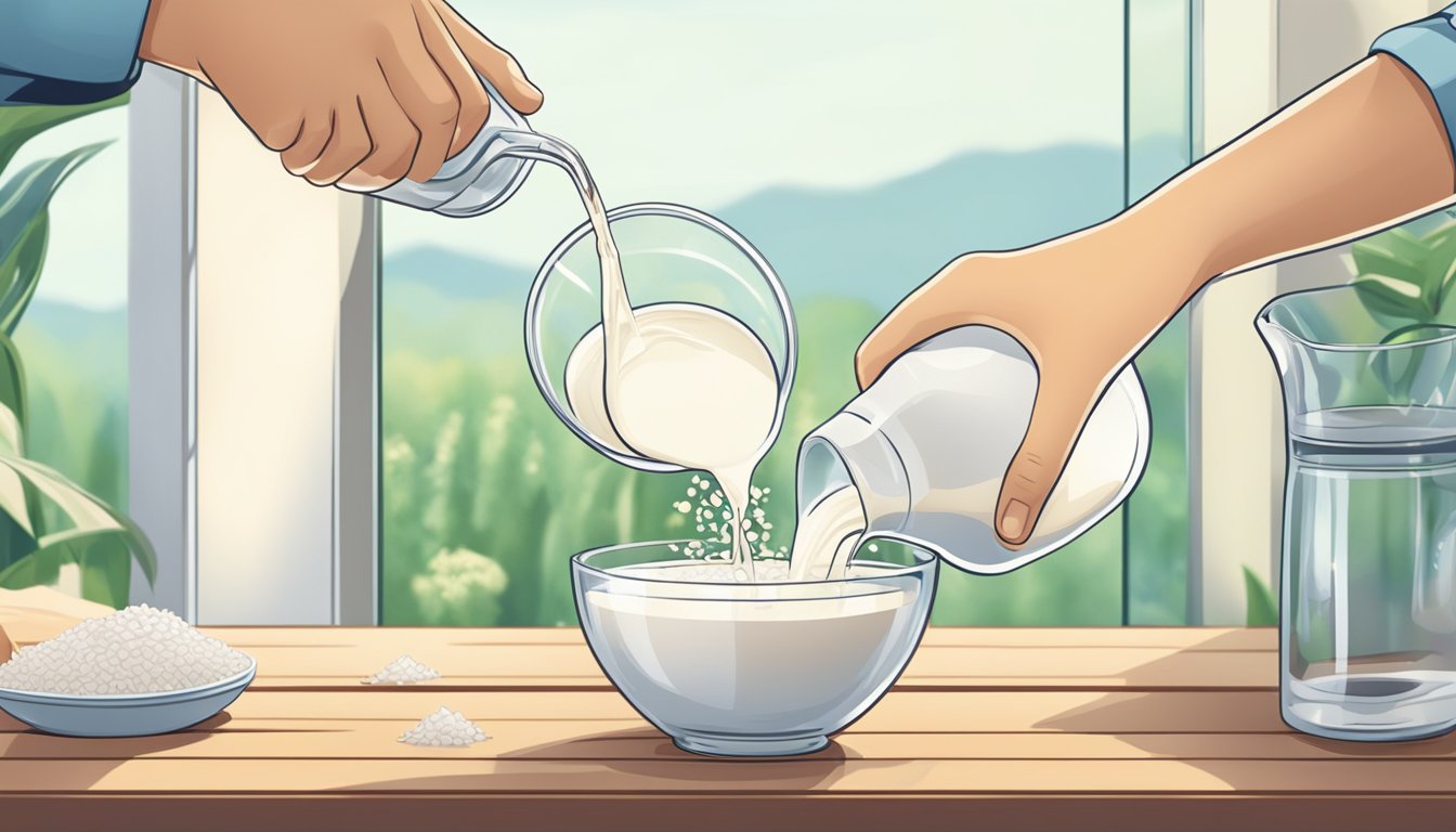 A person pouring rice milk from a pitcher into a glass