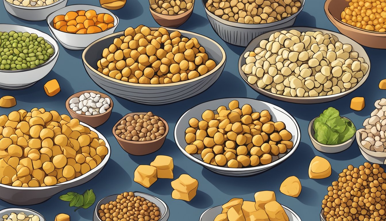 A colorful array of chickpea snacks surrounded by various other non-vegan snacks, highlighting the difference in ingredients