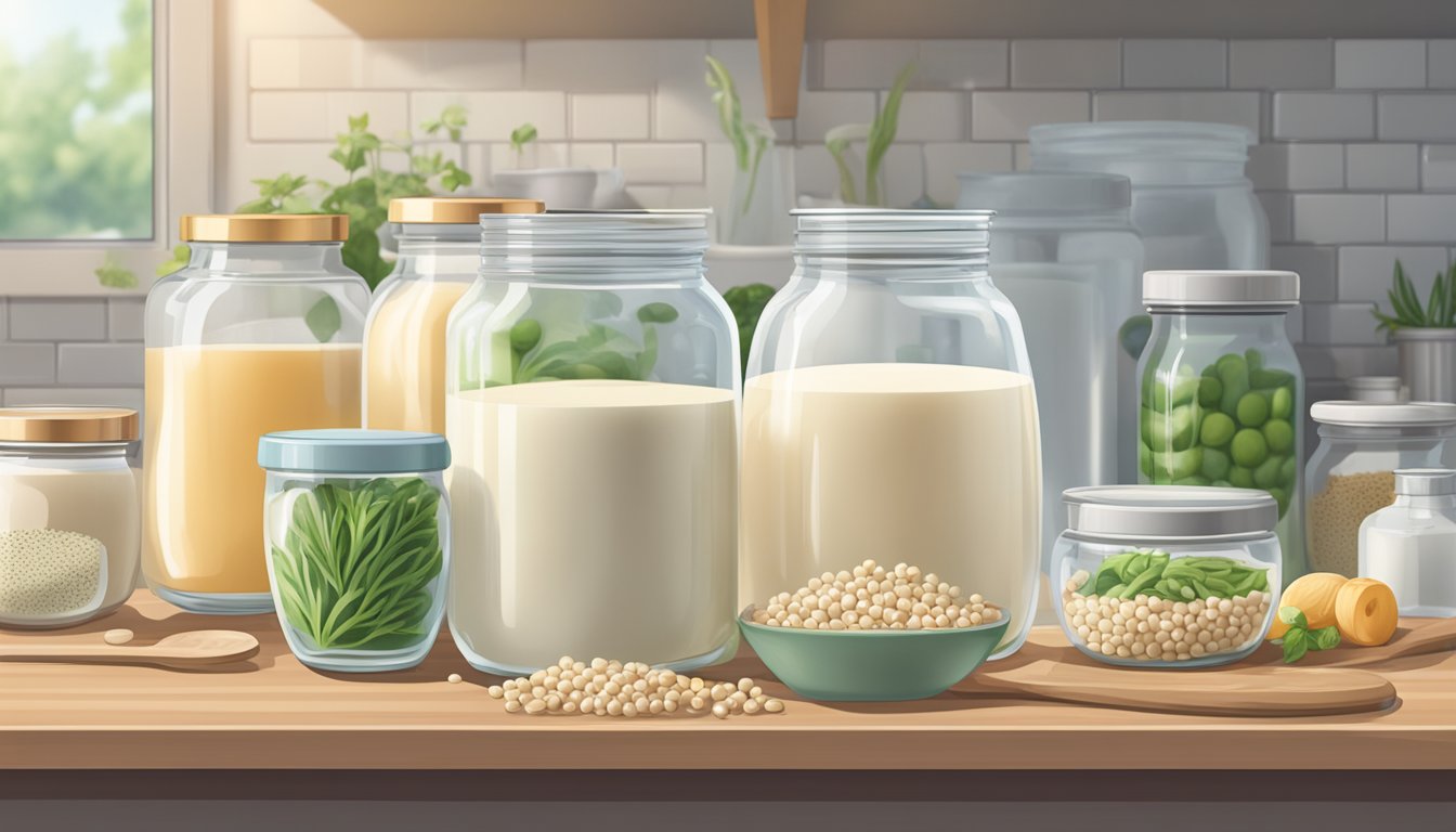 A glass jar filled with soy milk sits on a countertop, surrounded by bowls of probiotic cultures and a thermometer