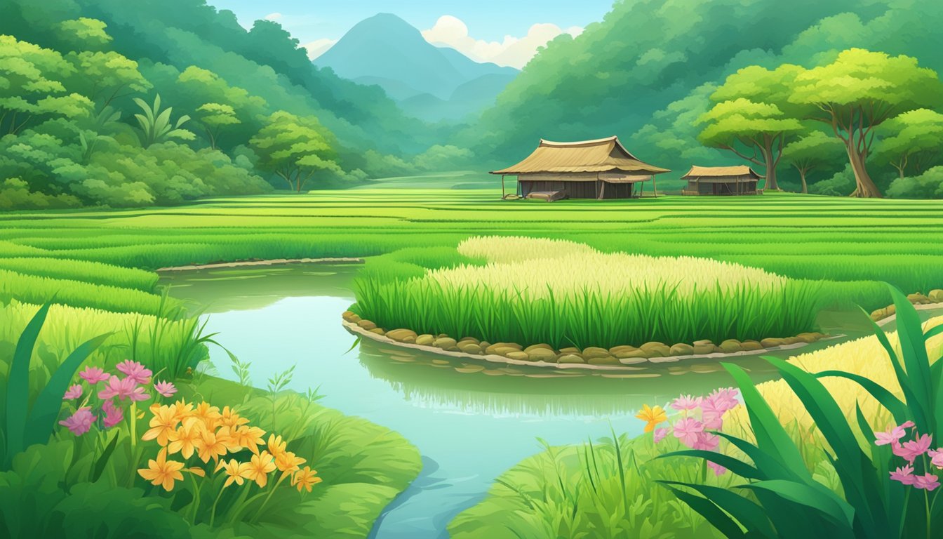 A lush rice field with a clear stream, surrounded by diverse wildlife and vibrant plant life