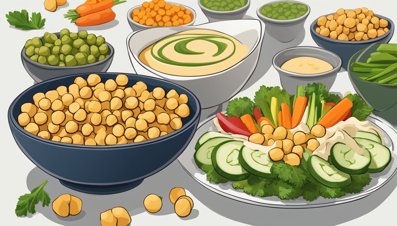 A bowl of biena chickpea snacks surrounded by fresh vegetables and a small dish of hummus, with a serving suggestion of pairing with a glass of sparkling water