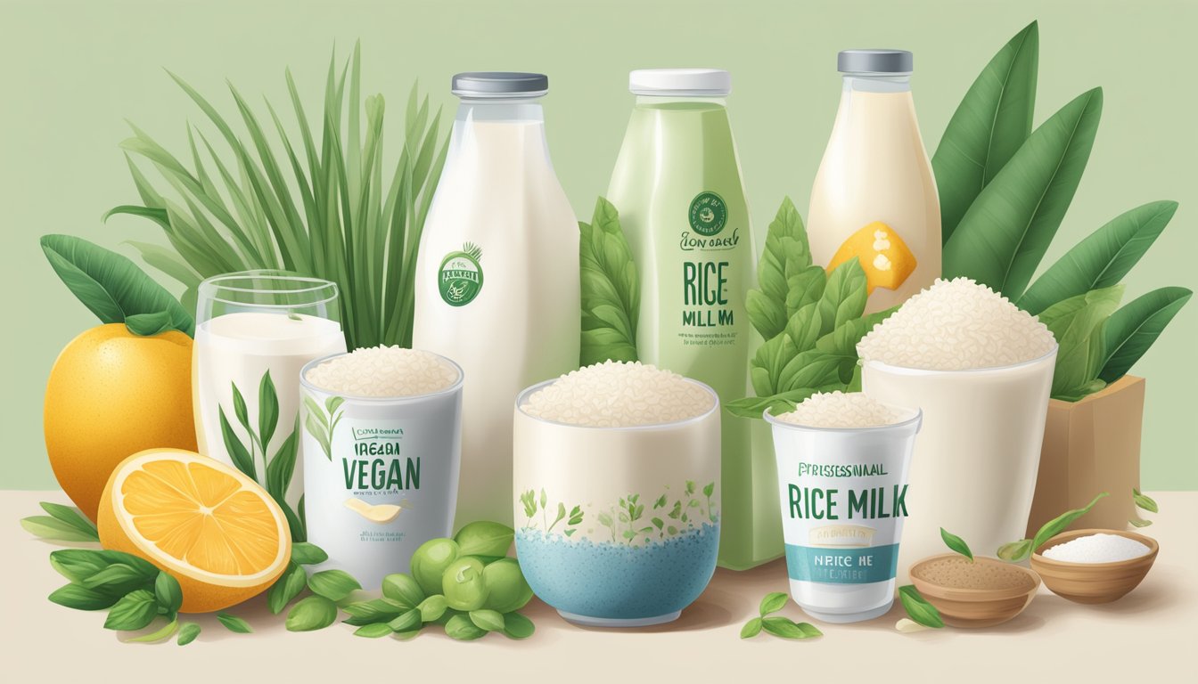 A carton of rice milk surrounded by various plant-based ingredients and a "vegan" label