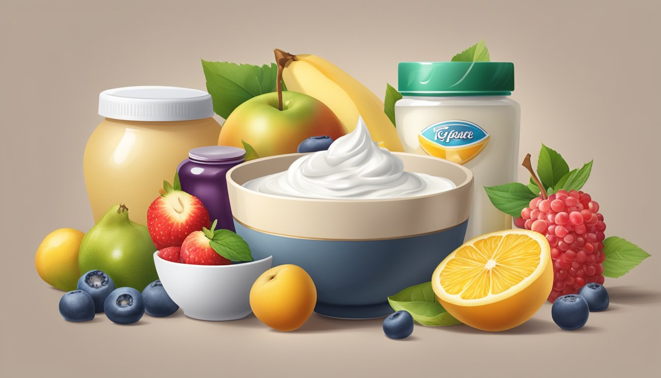 A bowl of soy yogurt surrounded by various fruits and sweeteners