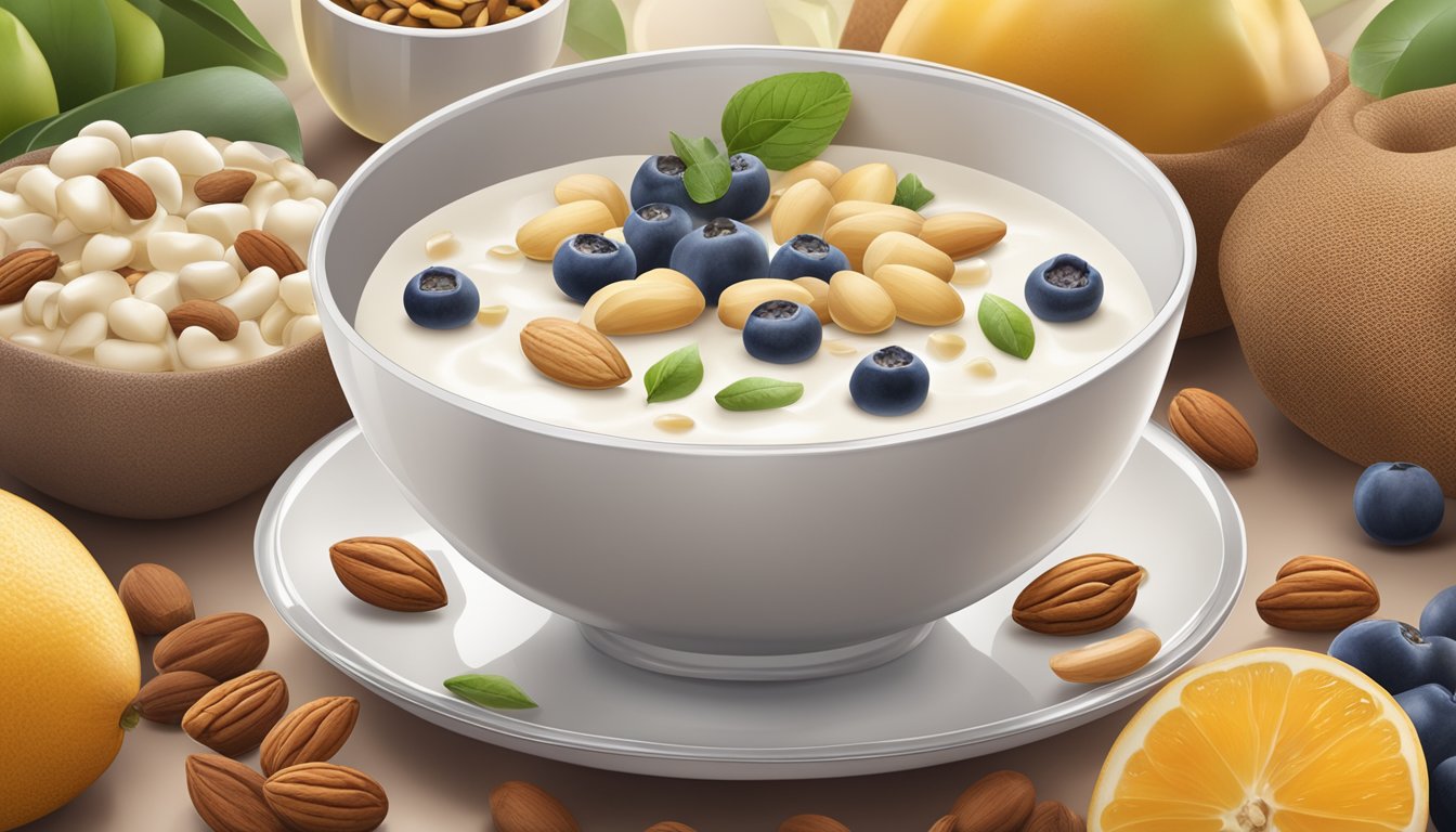 A bowl of soy yogurt surrounded by fresh fruits and nuts, with a label indicating its nutritional profile and health benefits