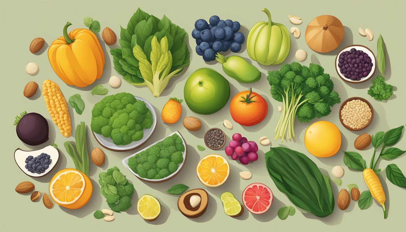 A variety of plant-based foods, including fruits, vegetables, nuts, seeds, and grains, arranged on a table