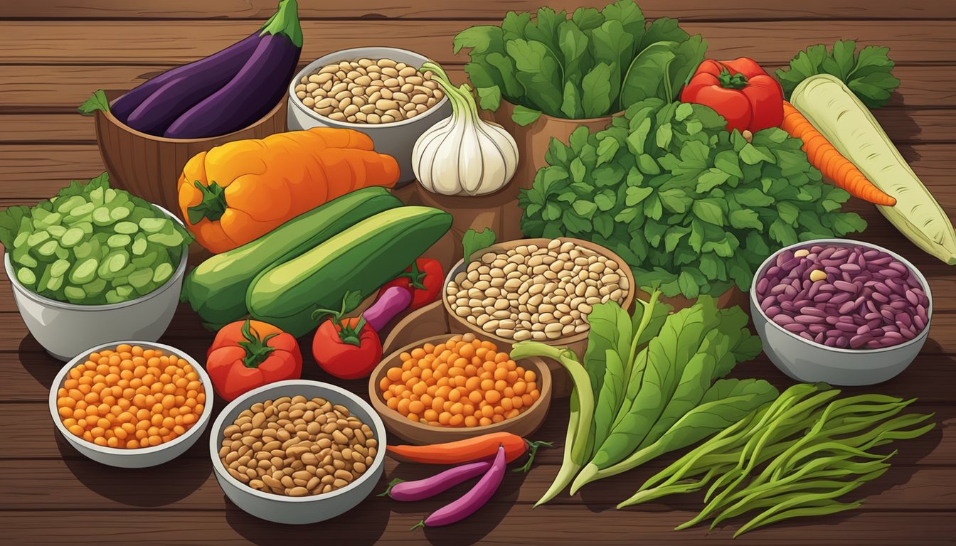 A colorful array of fresh vegetables and legumes spread across a rustic wooden table, with a variety of beans in the forefront