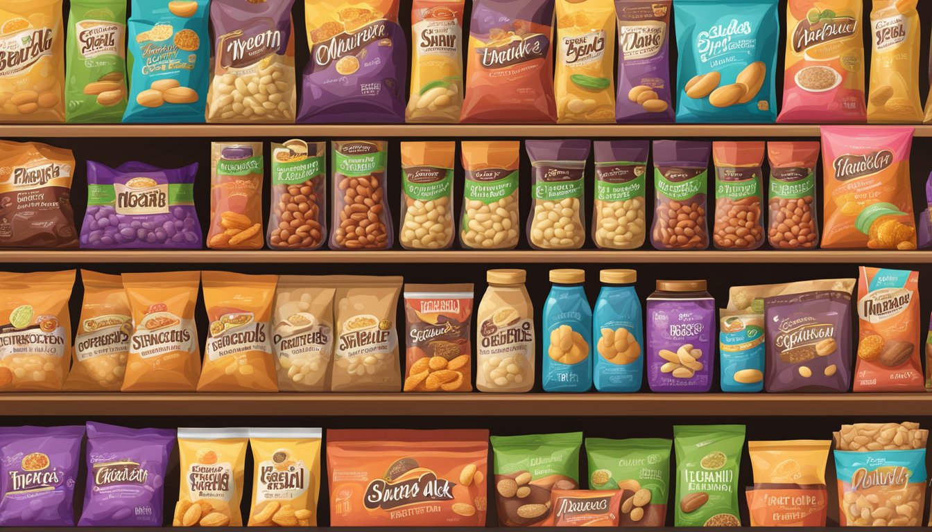 A colorful display of bean-based snacks filling a grocery store shelf