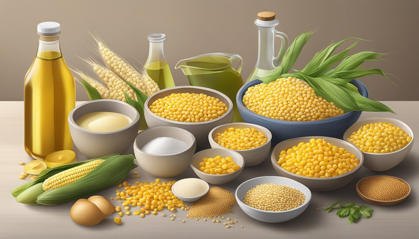 A variety of ingredients, including corn, wheat, and vegetable oil, are spread out on a table for analysis