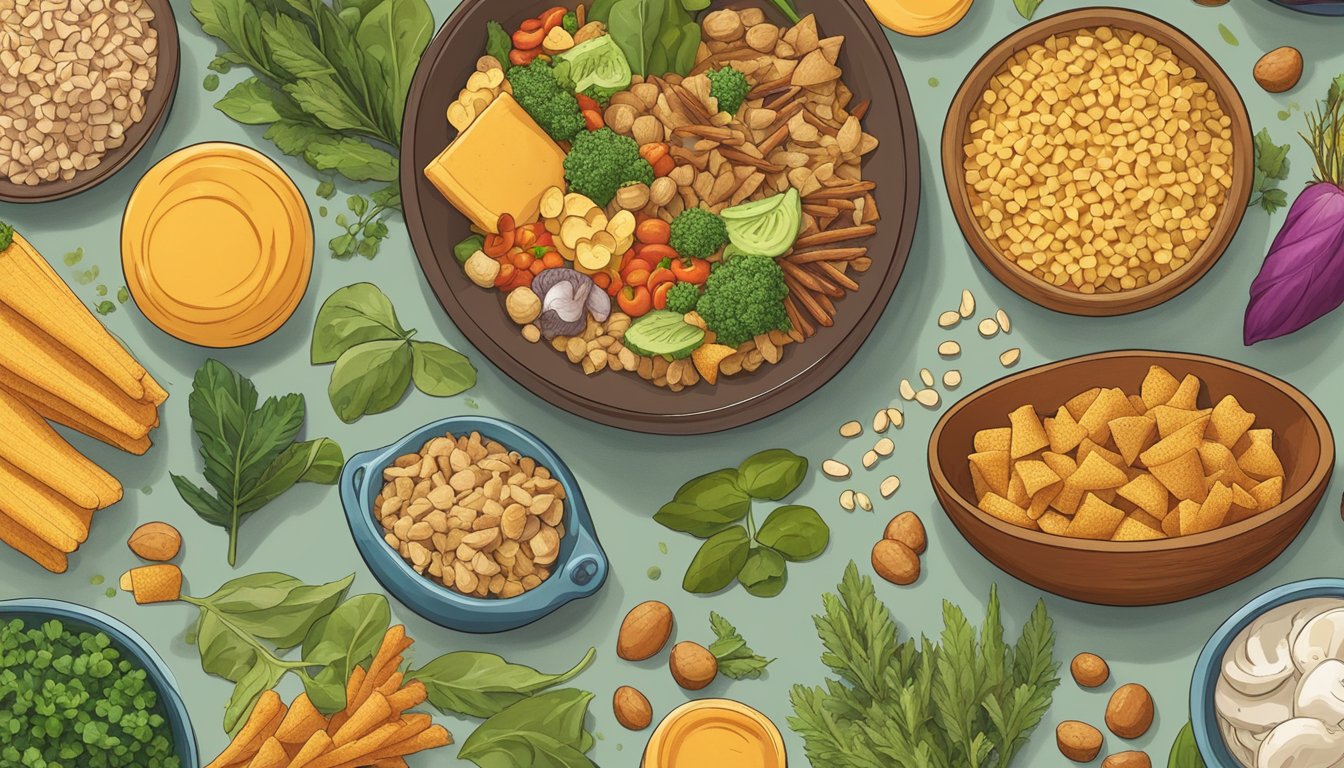 A bowl of Bugles surrounded by various plant-based foods and ingredients, emphasizing their vegan-friendly nutritional profile