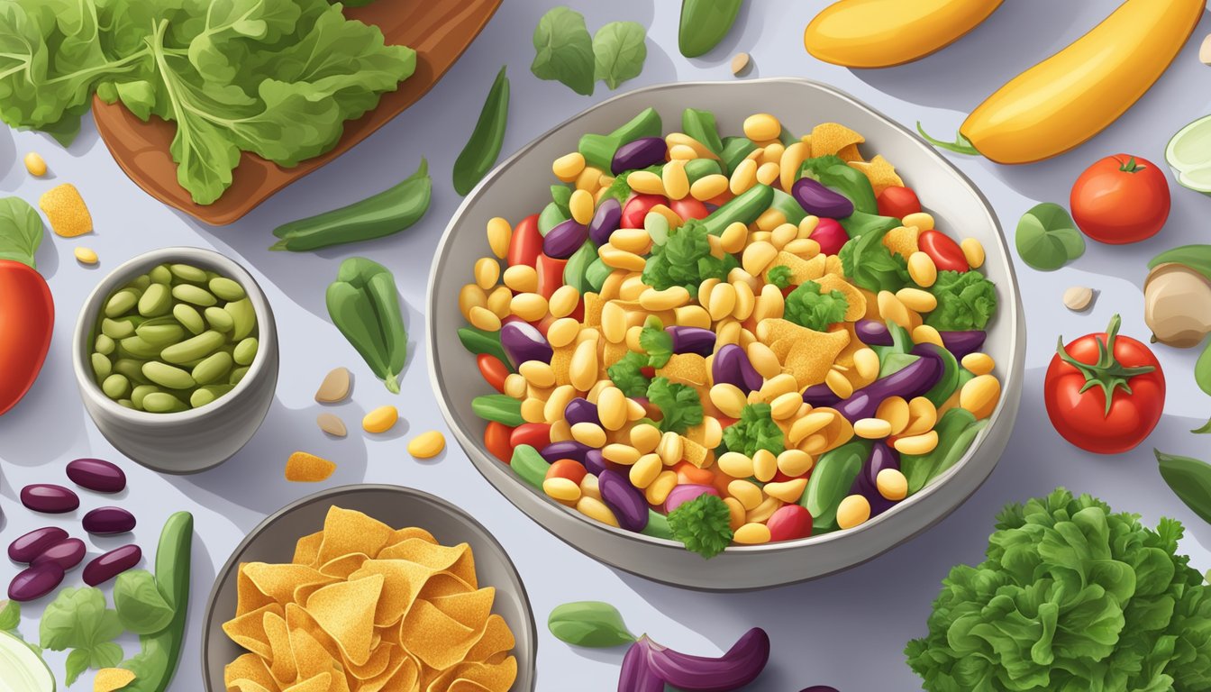 A bowl of Beanfields chips surrounded by colorful vegetables and beans, emphasizing their vegan and nutritional benefits