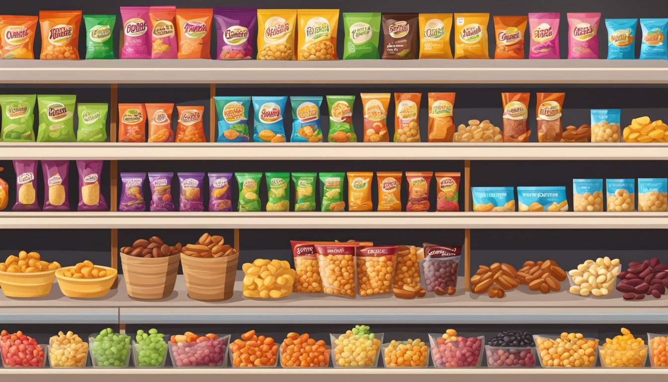 A variety of colorful and appetizing bean-based snacks displayed on a shelf in a grocery store