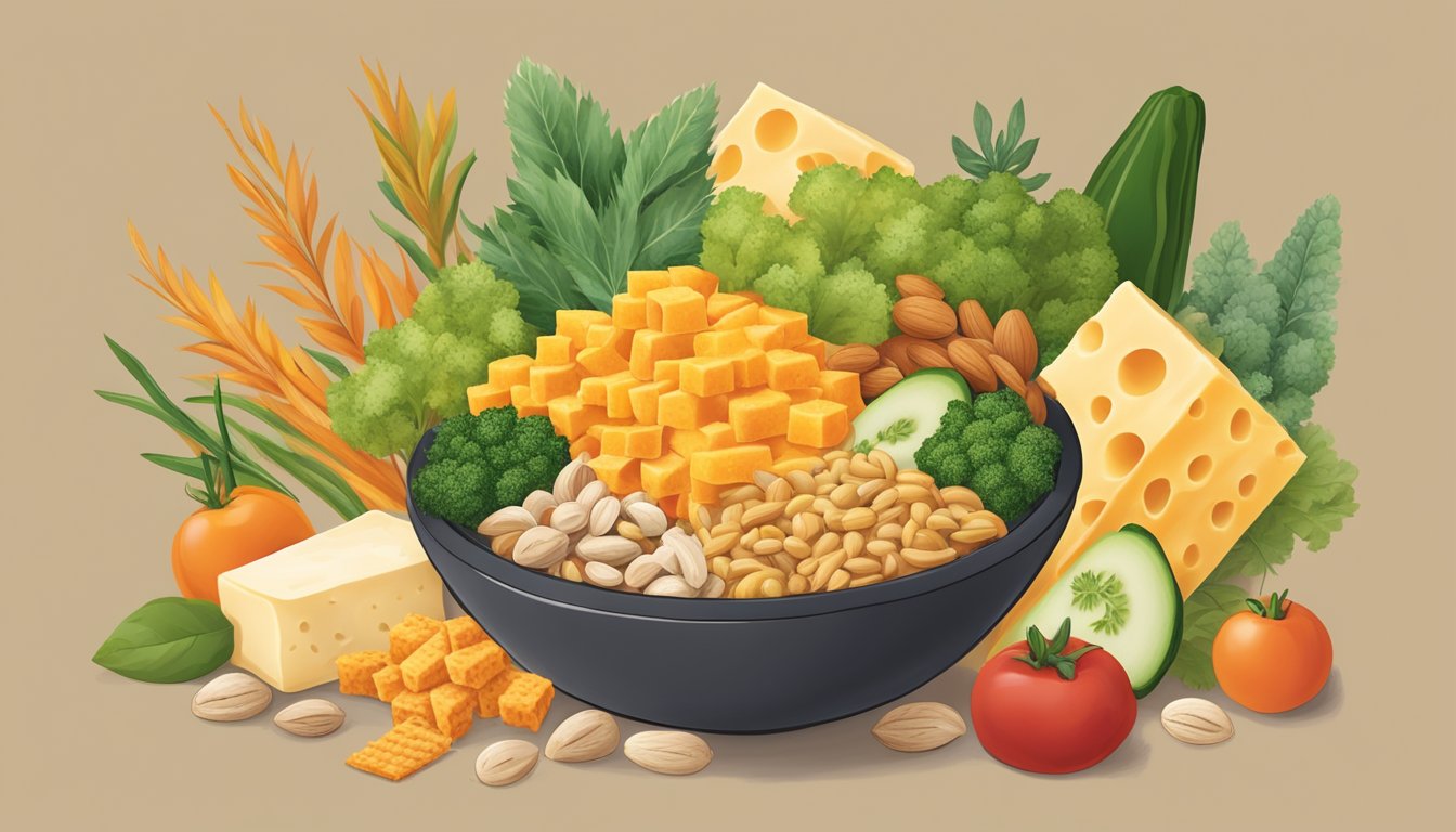 A bowl of Cheez-Its surrounded by various plant-based ingredients like nuts, seeds, and vegetables to indicate the vegan nature of the snack