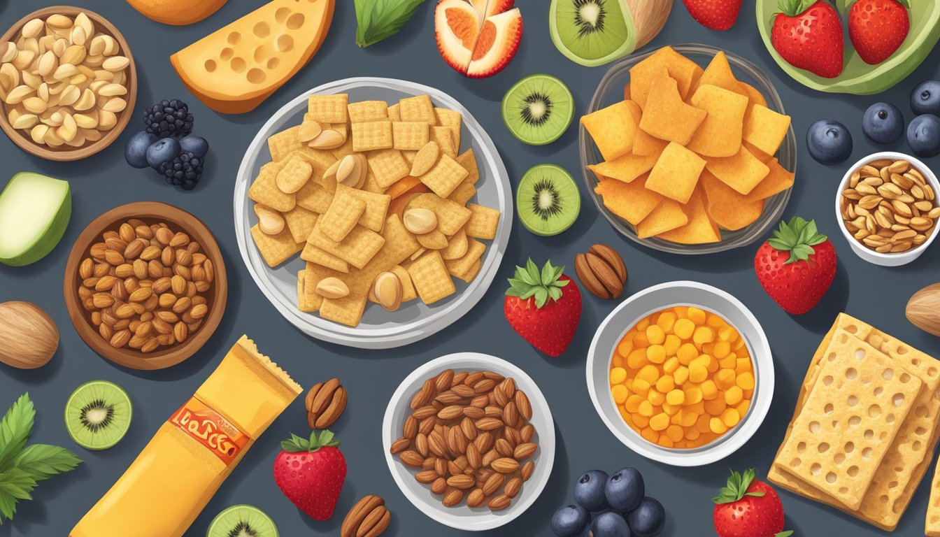 A table with a variety of vegan snacks including cheez its, fresh fruits, and nuts