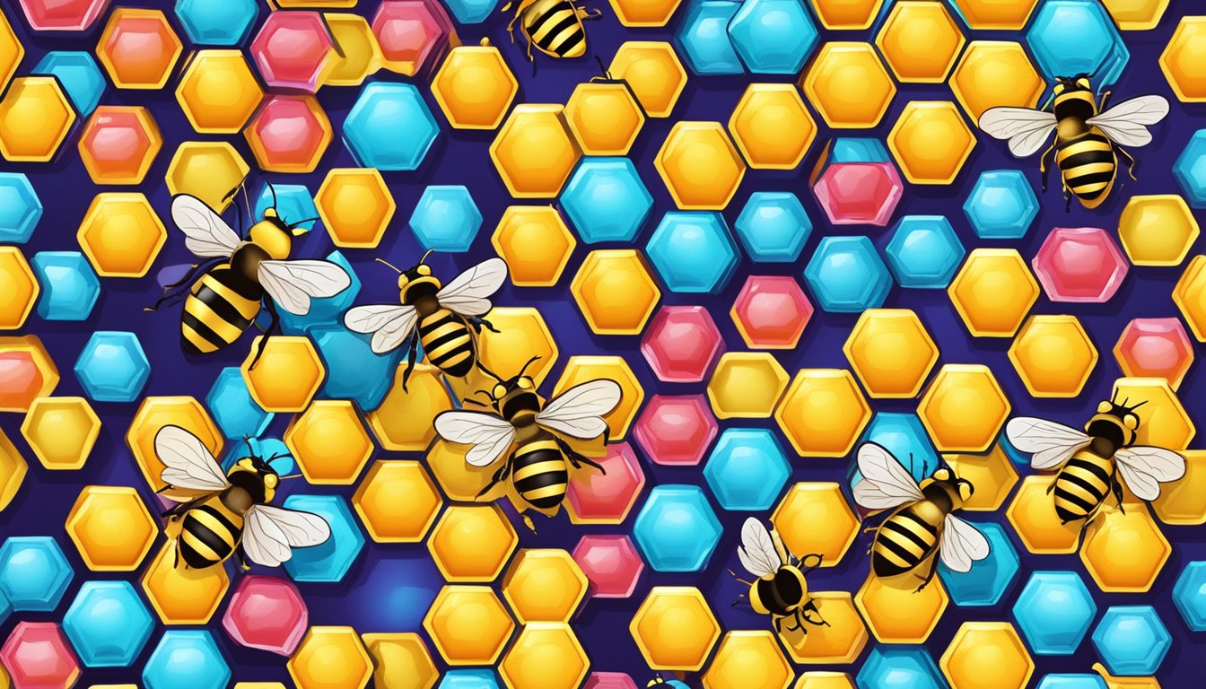 A pile of Bit-O-Honey candies surrounded by colorful honeycombs and buzzing bees