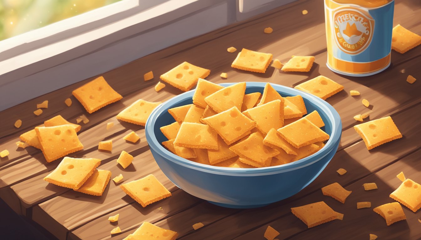 A bowl of vegan Cheez-Its sits on a rustic wooden table, surrounded by scattered crumbs. The sunlight filters through a nearby window, casting a warm glow on the crunchy snacks