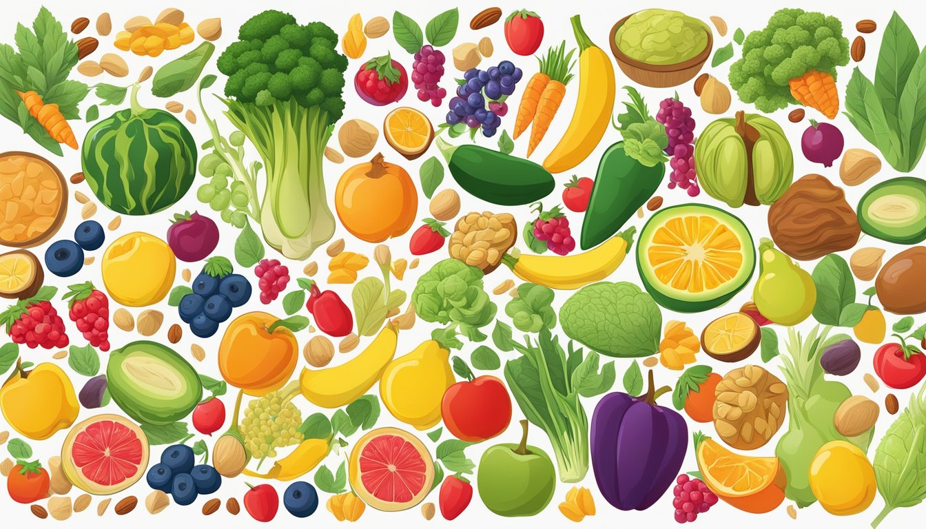 A colorful array of fruits, vegetables, nuts, and grains arranged in a vibrant display, showcasing the variety and abundance of vegan foods