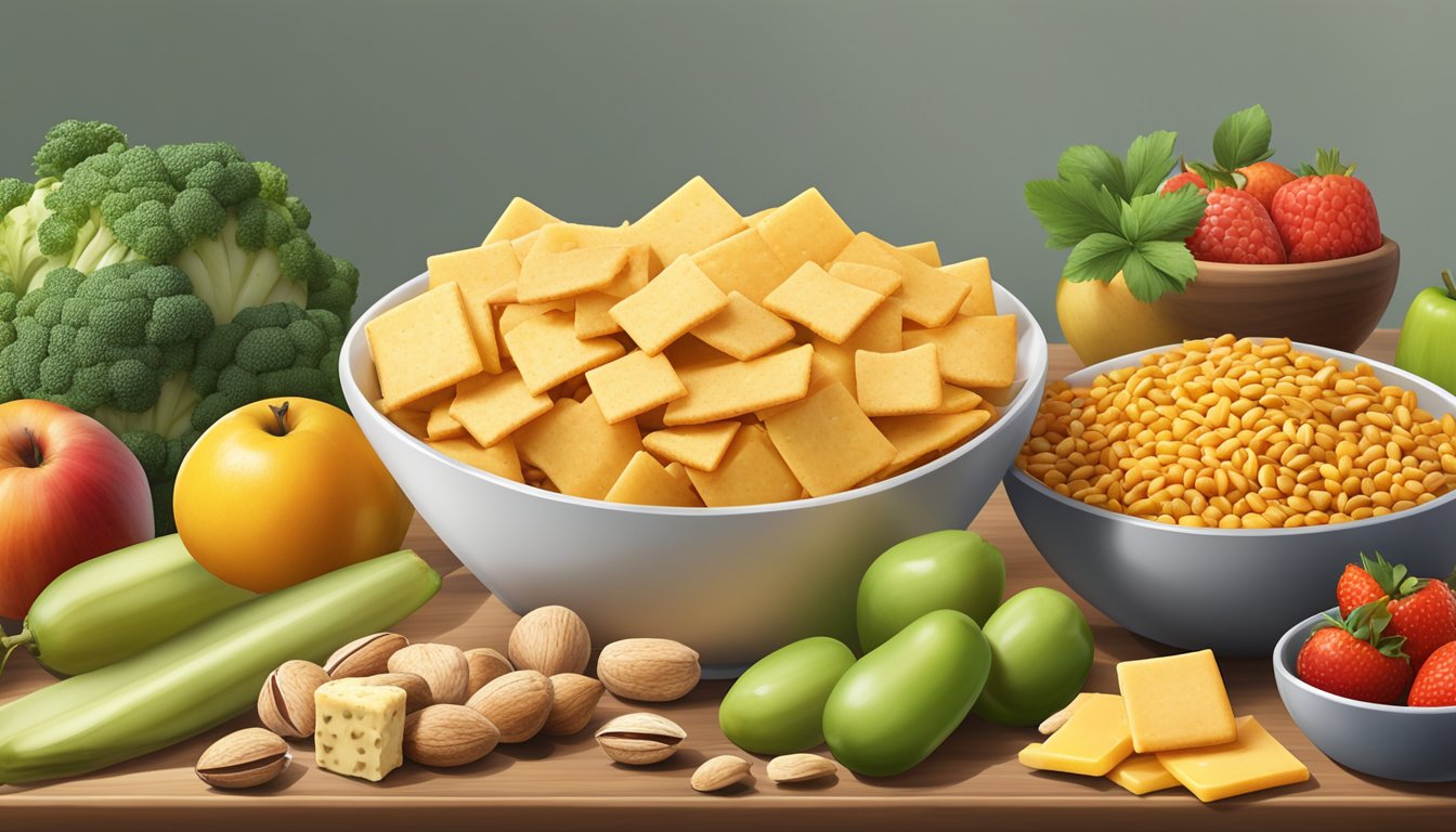 A pile of Cheez-Its, a bowl of mixed nuts, and a selection of fresh fruits and vegetables sit on a wooden table