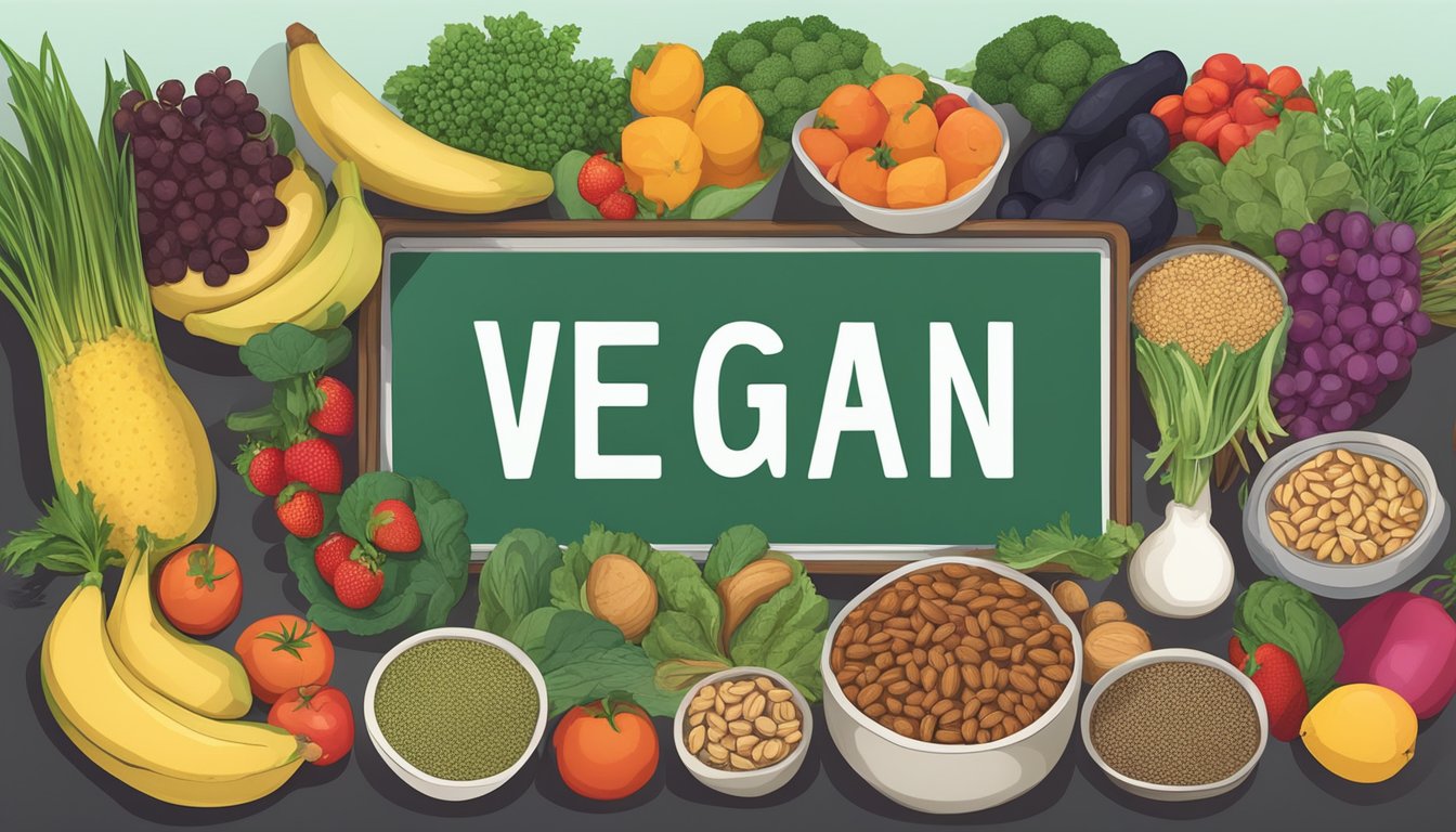 A table set with a variety of plant-based foods, including fruits, vegetables, grains, and nuts, with a sign indicating "vegan" options