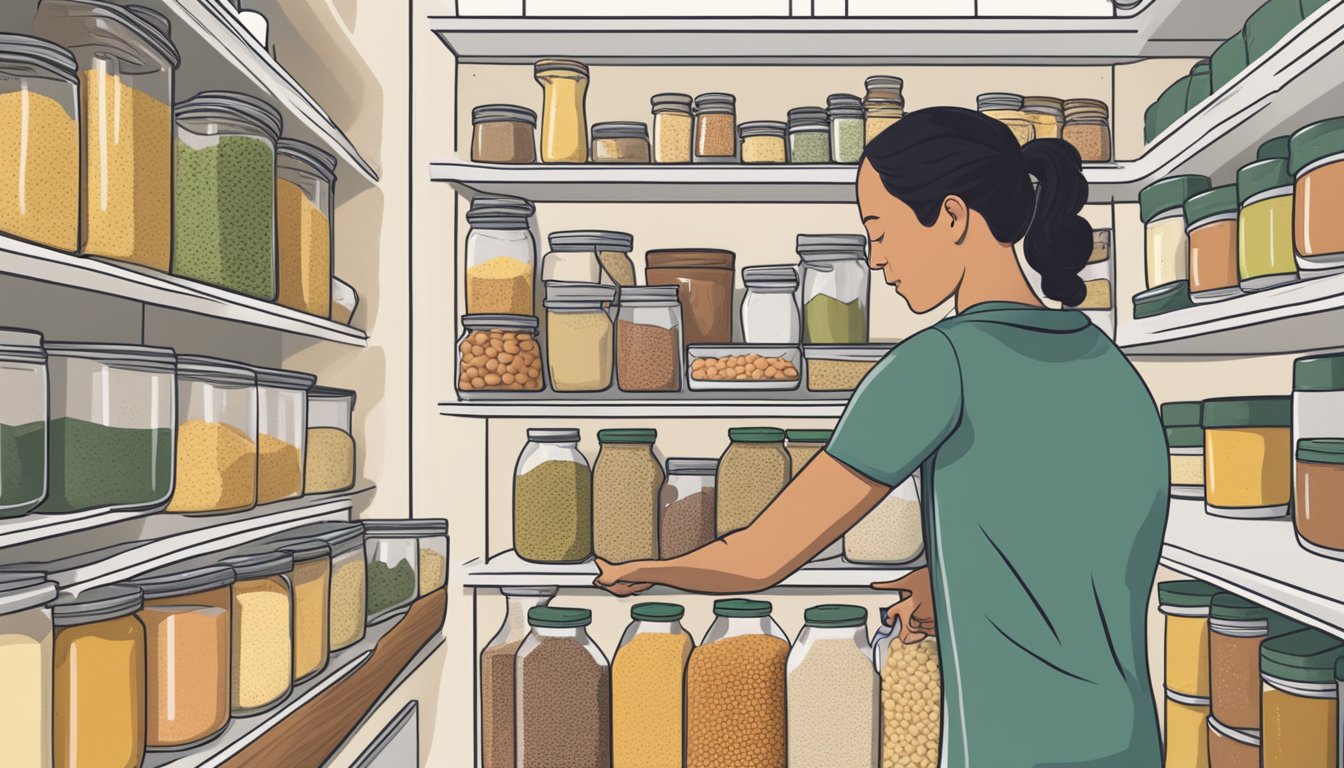 A person placing a bag of nutritional yeast into a pantry next to other vegan pantry staples like quinoa, lentils, and canned beans