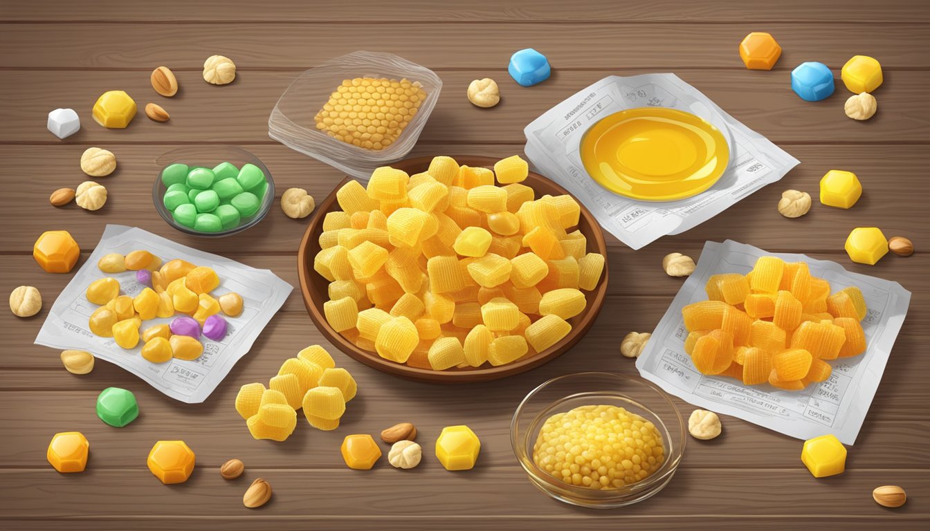 A colorful assortment of Bit-O-Honey candies arranged on a wooden table, surrounded by honeycomb and nuts, with a nutrition label in the background