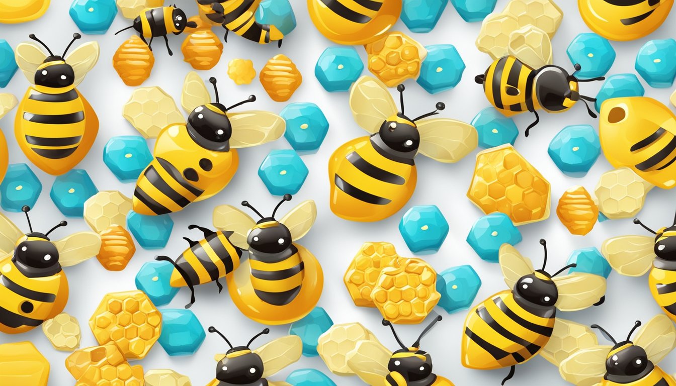 A colorful assortment of vegan Bit O Honey candies displayed on a playful, child-friendly background, surrounded by happy, smiling cartoon bees and honeycombs