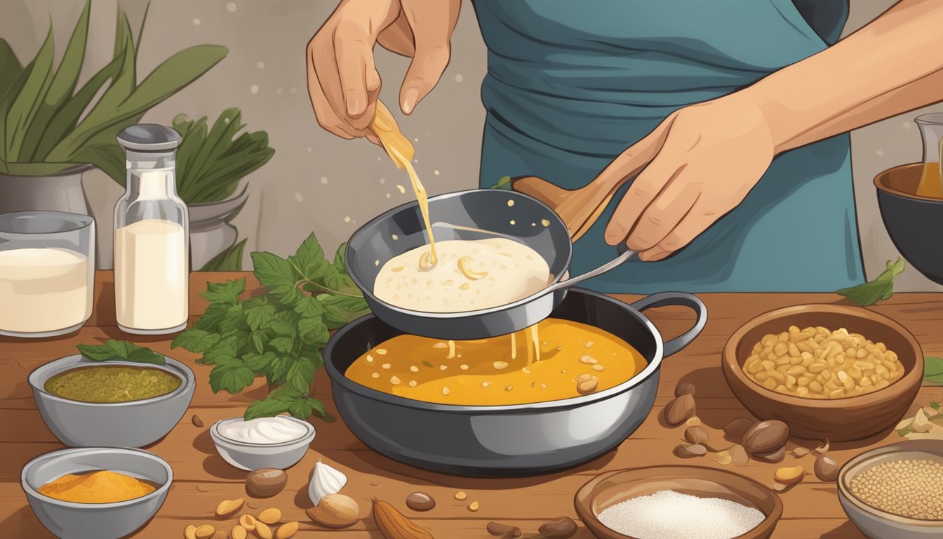 A chef pouring cashew milk into a simmering pot of vegan curry, surrounded by various spices and ingredients on a wooden countertop