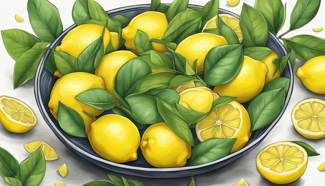 A bowl of lemonheads surrounded by fresh lemons and lemon leaves