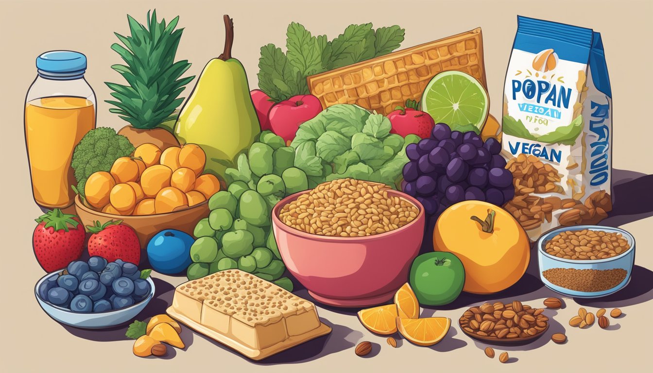 A colorful array of fruits, vegetables, nuts, and grains arranged on a table, with a box of pop tarts placed next to a "vegan" label