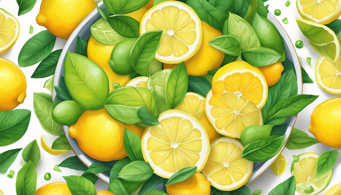 A bowl of lemonheads surrounded by vibrant citrus fruits and green leaves