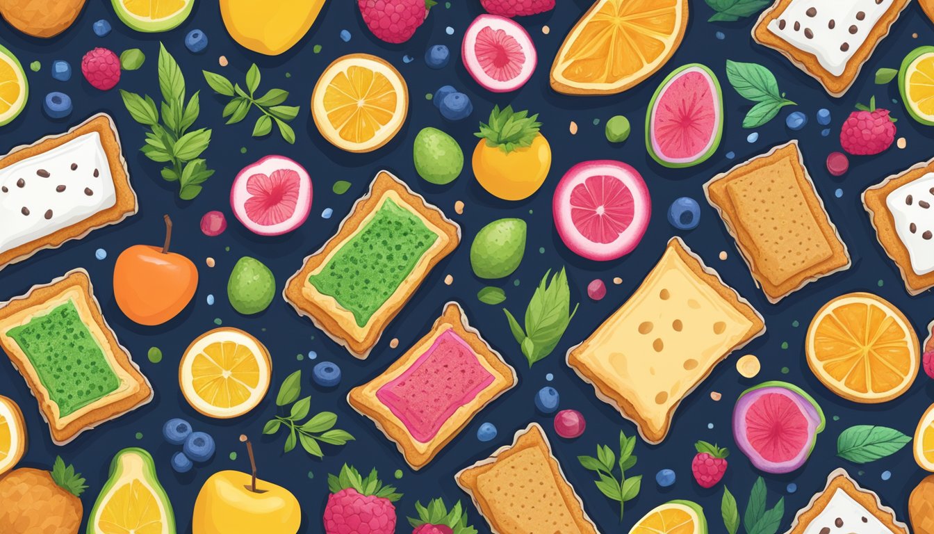 A variety of plant-based ingredients such as fruits, grains, and sweeteners surround a colorful, frosted pastry, showcasing the anatomy of a vegan pop tart