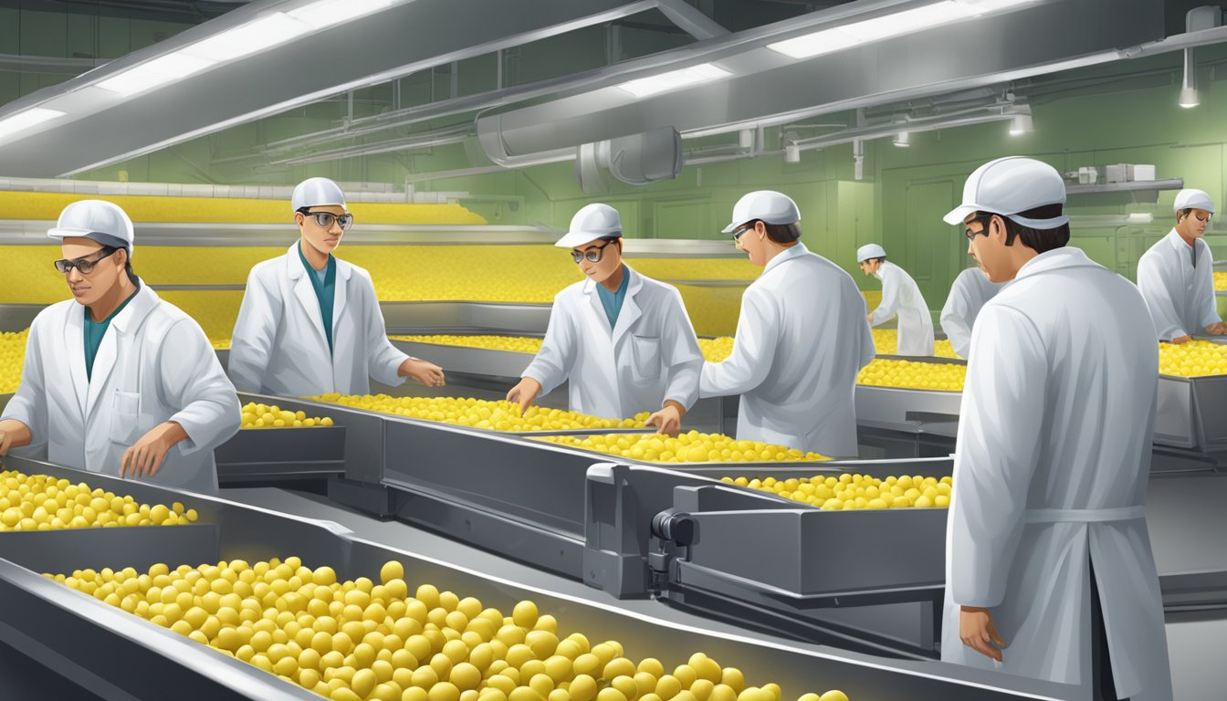 A conveyor belt with lemonheads moving through a factory, surrounded by machinery and workers in lab coats