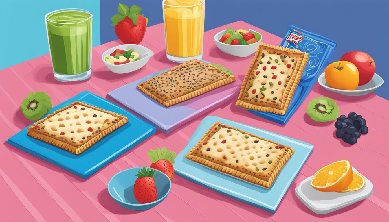 A variety of pop tarts arranged on a table, with fruits and vegetables next to them for comparison