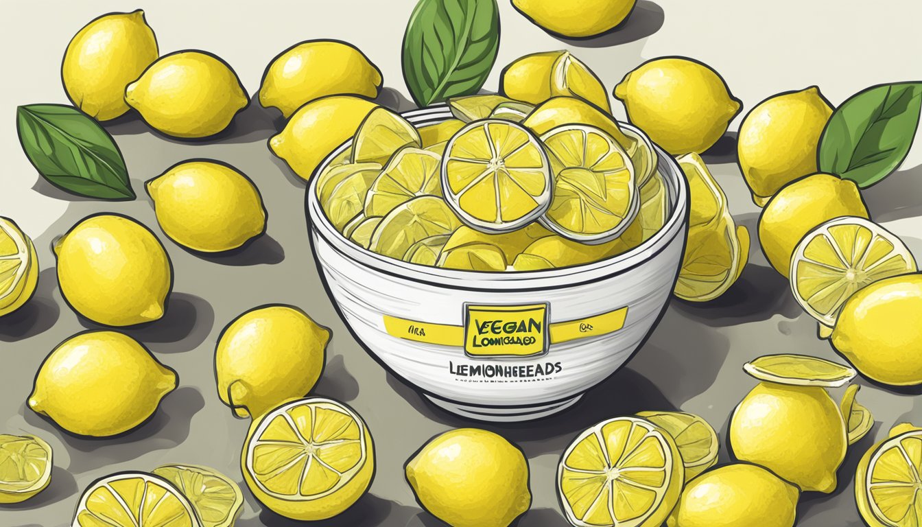 A bowl of vegan lemon candies next to a pile of fresh lemons, with a label indicating "Vegan Lemonheads" on the packaging