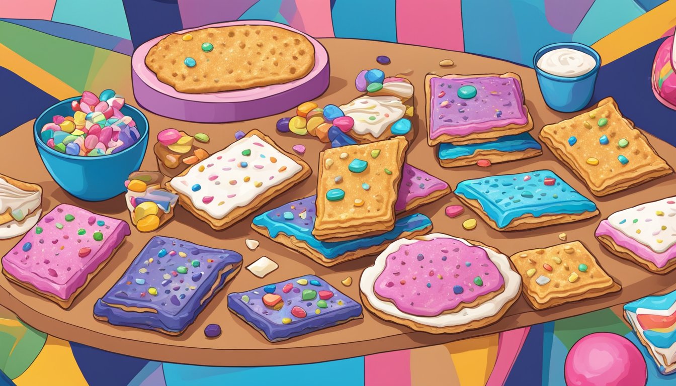 A colorful array of Pop-Tarts arranged on a table, surrounded by various cultural symbols and societal references