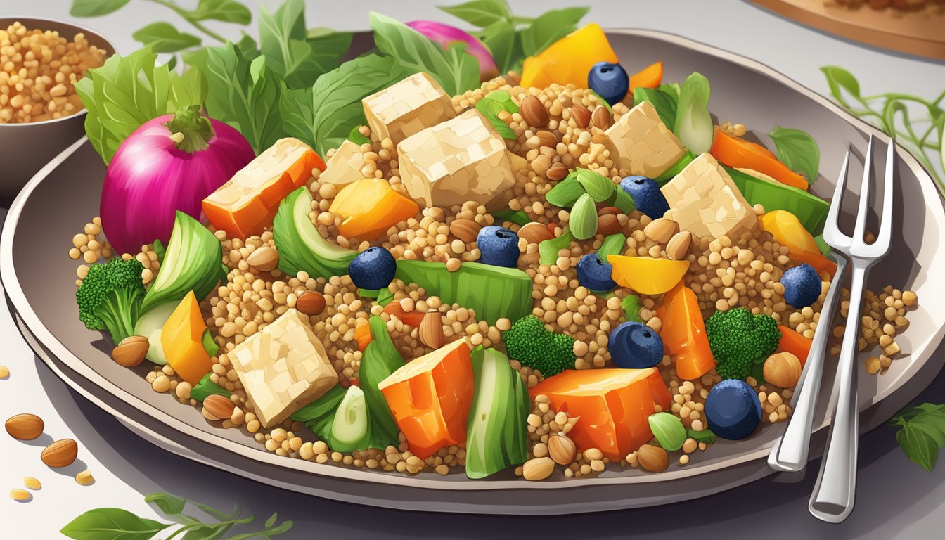 A plate of colorful vegetable and tofu stir-fry with a side of quinoa, surrounded by fresh fruits and nuts