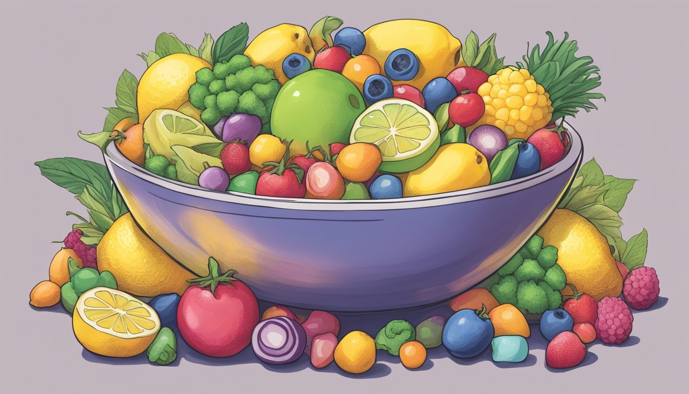 A bowl of lemonheads candy surrounded by various fruits and vegetables, with a "vegan" label visible